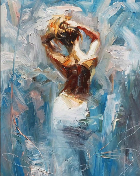 Abstract painting of a woman standing with a blue and white background