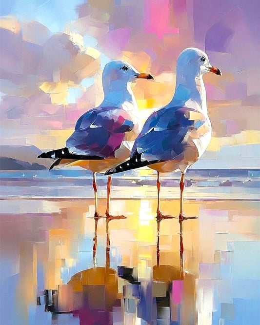 Two seagulls standing on a reflective surface with a colorful abstract background