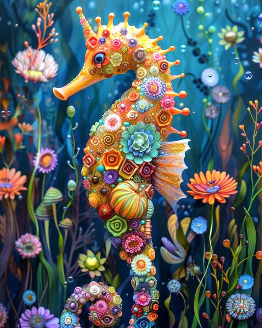 Colorful seahorse surrounded by underwater plants and flowers