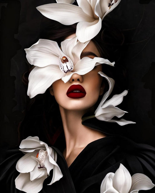 Artistic depiction of a woman's face with white orchid flowers covering her eyes and mouth against a black background.