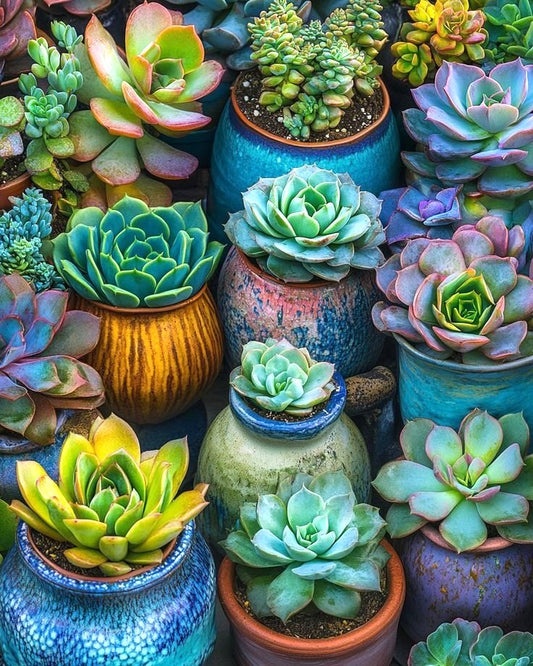 A dense arrangement of colorful succulent plants in various textured ceramic pots, featuring shades of green, blue, pink, yellow, and orange.