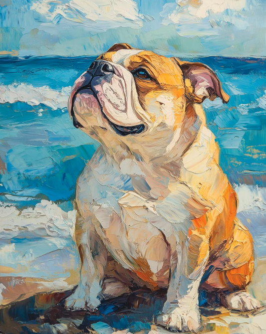 An impressionistic oil painting of an English Bulldog sitting on a beach, with blue ocean waves and a cloudy sky in the background.