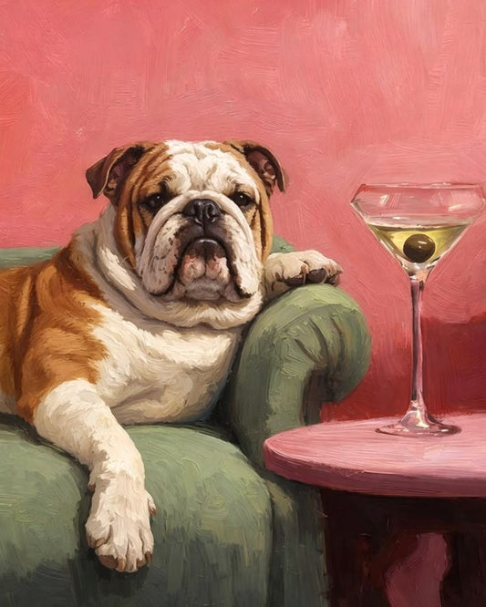 A painted scene showing an English bulldog lying on a green armchair beside a pink side table with a martini glass against a pink wall.