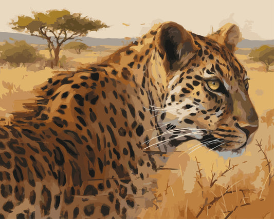 Bushveld Leopard paint by number kit — painterly effect of a leopard in dry golden grass with acacia trees and purple-blue mountains in the background