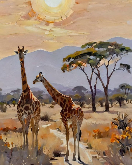 Two giraffes standing in a savannah landscape with trees and a sun in the background.
