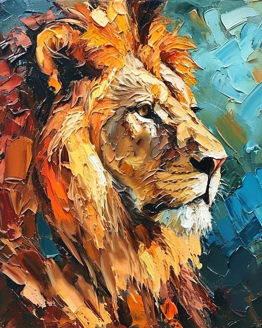 Painting of a lion's face with a textured background