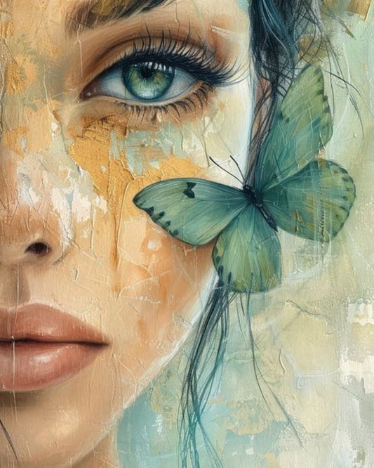 Artistic depiction of a face with a butterfly on a textured background