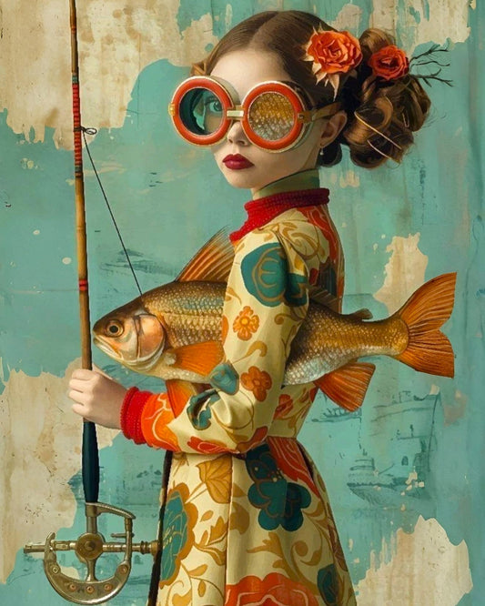 Artistic depiction of a woman holding a fish and a fishing rod against a textured background