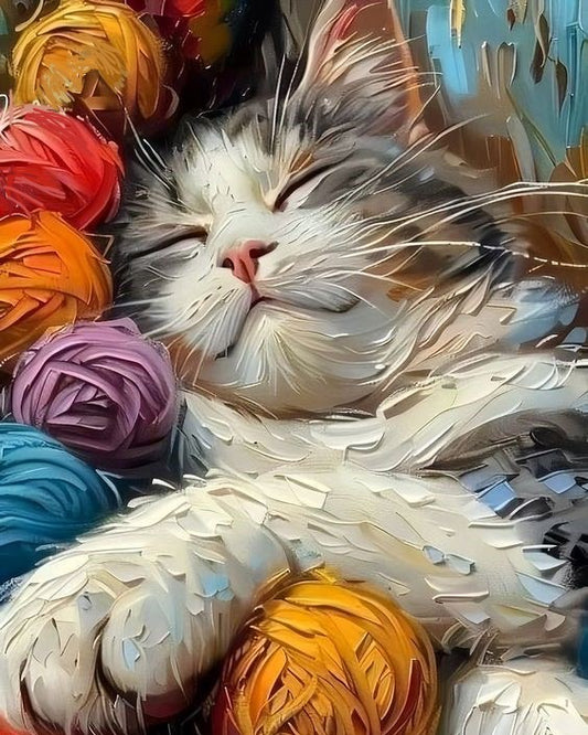 Cat surrounded by colorful yarn balls in a cozy setting