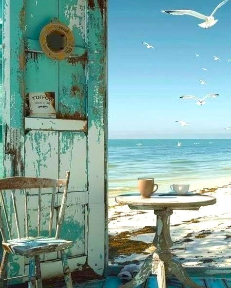 Vintage beach scene with a table, chair, and coffee cup, featuring a distressed wooden wall and ocean view.