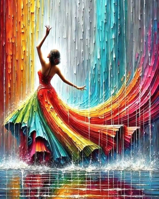 Woman in a colorful dress standing in water with a vibrant rainbow effect