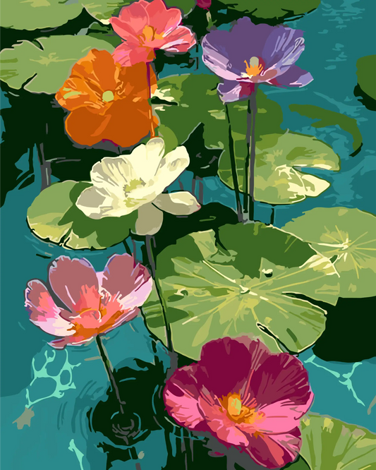 Paint by number design of Colorful water lilies on a pond with green leaves
