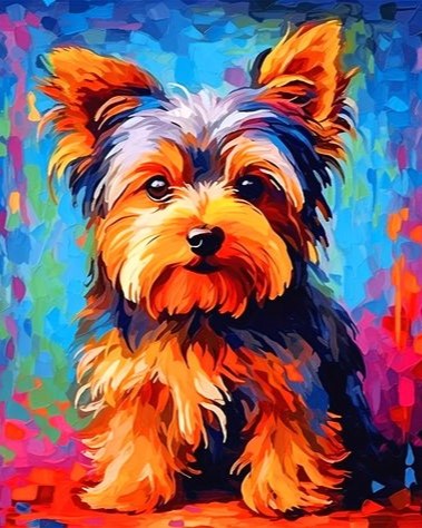 Yorkshire Terrier paint by number kit — vibrant colour pop portrait of a fluffy Yorkie in bold blues, oranges and reds