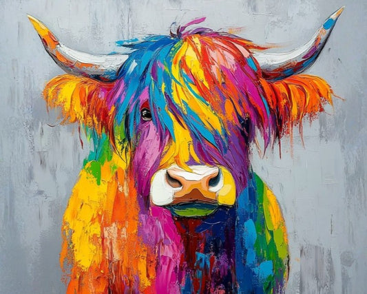 Vibrant colorful painting of a highland cow with long horns, featuring bold brushstrokes in yellow, orange, pink, blue, green, and purple against a textured gray background.