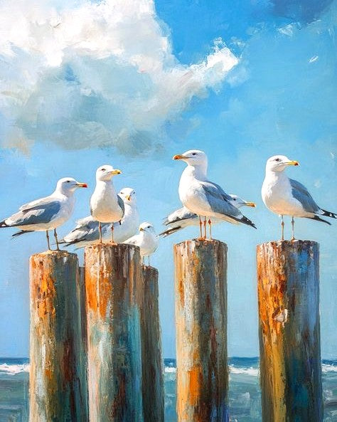 Seagulls perched on rusted wooden poles with a blue sky and ocean background