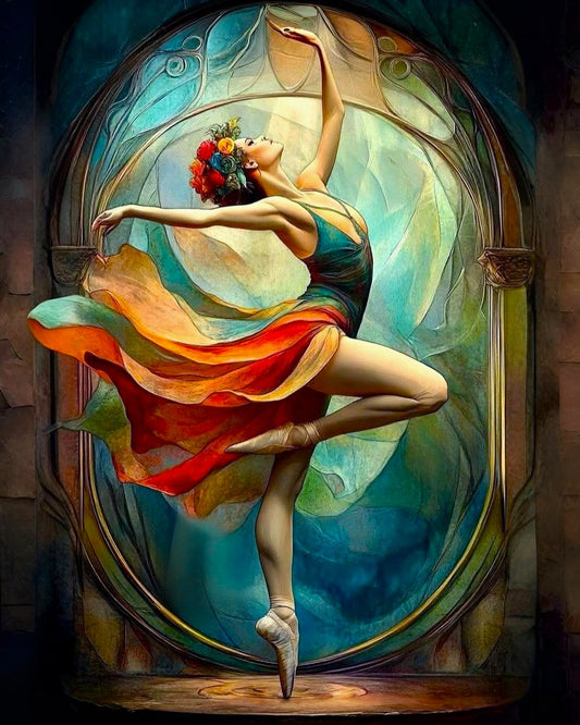 Colorful artwork of a dancer with a floral bouquet inside a stained glass window frame.