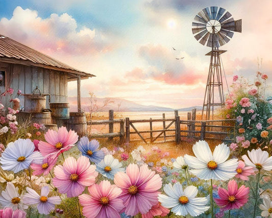 Cosmos Farmyard paint by number kit — soft watercolour farmyard scene with cosmos flowers in pink, white and lavender in the foreground, a weathered wooden barn and milk cans, a classic windmill and a wooden farm gate opening onto golden plains and distant mountains under a pastel sunrise sky