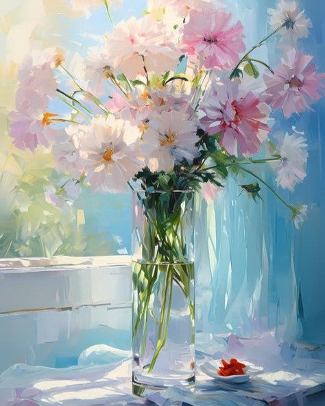 Clear vase with pink and white cosmos flowers on a light blue background