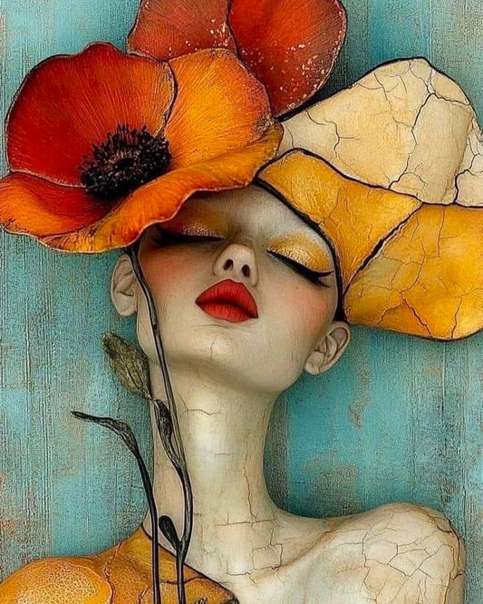 Artistic depiction of a woman's face with flowers and a cracked surface texture on a blue background