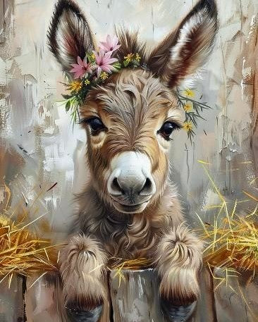 Painting of a cute baby donkey with flowers on its head surrounded by hay.