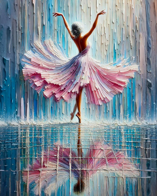 Artistic depiction of a ballerina in a pink skirt with a abstract background