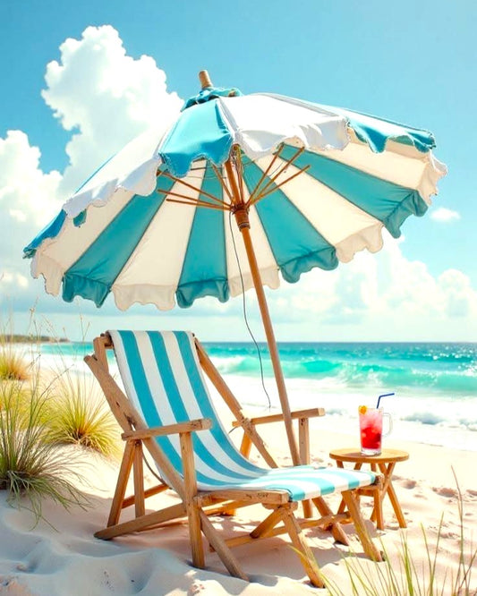 Beach scene with a striped umbrella and chair on a sandy beach.