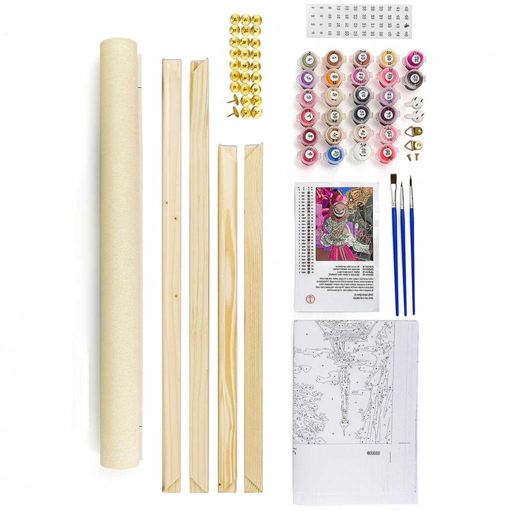 Set of wooden dowels, gold beads, paint bottles, and other craft materials on a white background