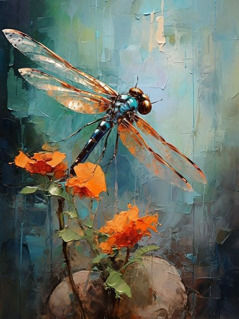Artistic depiction of a dragonfly on orange flowers with a textured background