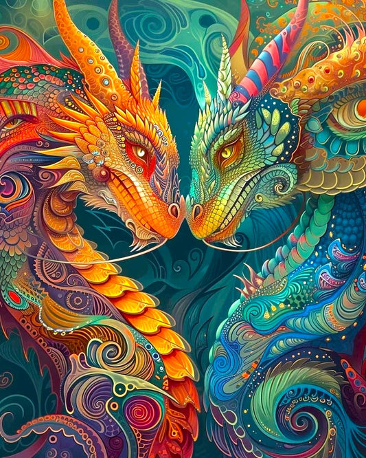 Vibrant fantasy artwork of two ornate dragons facing each other in a swirling teal and multicolor background. The dragon on the left is primarily orange and yellow with intricate swirl patterns, and the dragon on the right is primarily blue and teal with detailed scales and decorative elements.