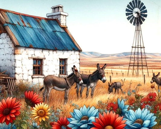 Farm scene with a white house, donkeys, and a windmill.