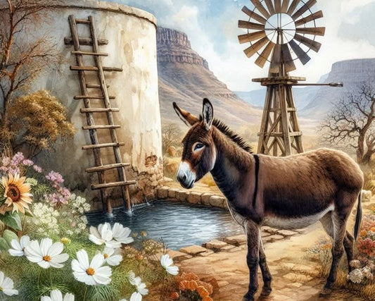 Donkey by a water trough with a windmill and mountains in the background