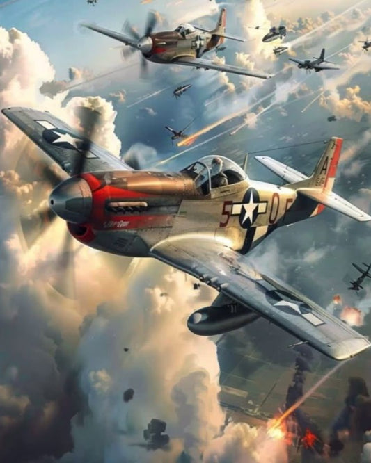 WWII fighter planes in aerial combat with explosions and smoke in the sky.