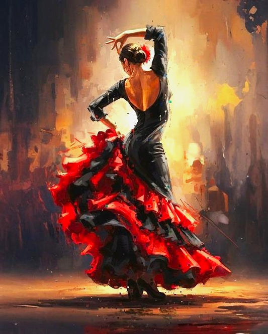 Dancer in a black and red dress performing a flamenco dance with a warm, glowing background.