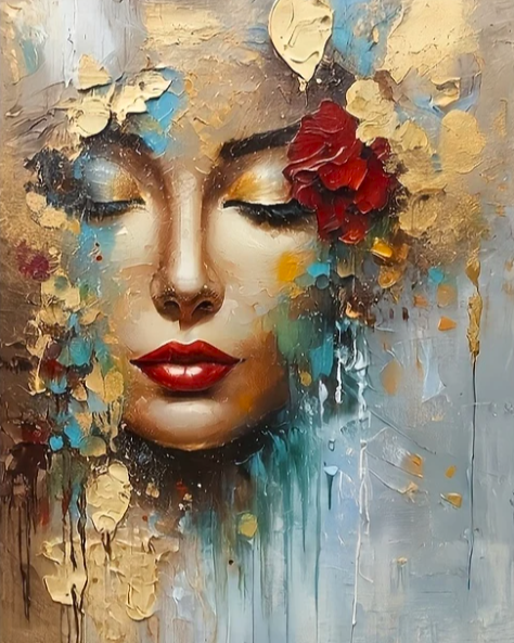 Artistic depiction of a face with flowers and gold leaf elements on a textured background