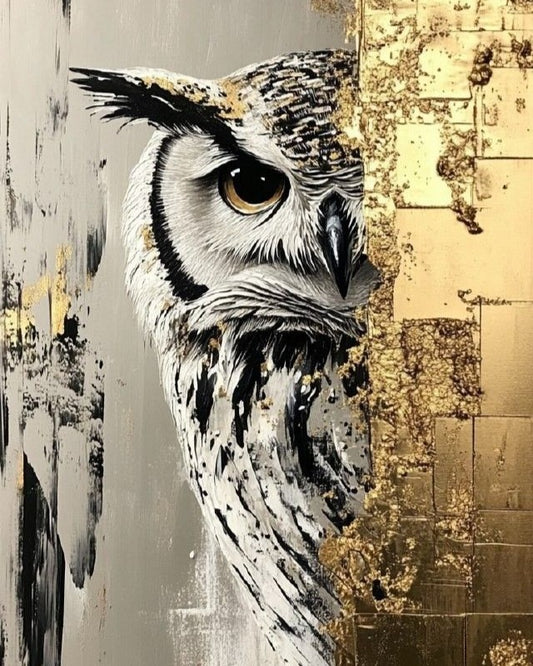 Artistic depiction of an owl with a textured gold and gray background