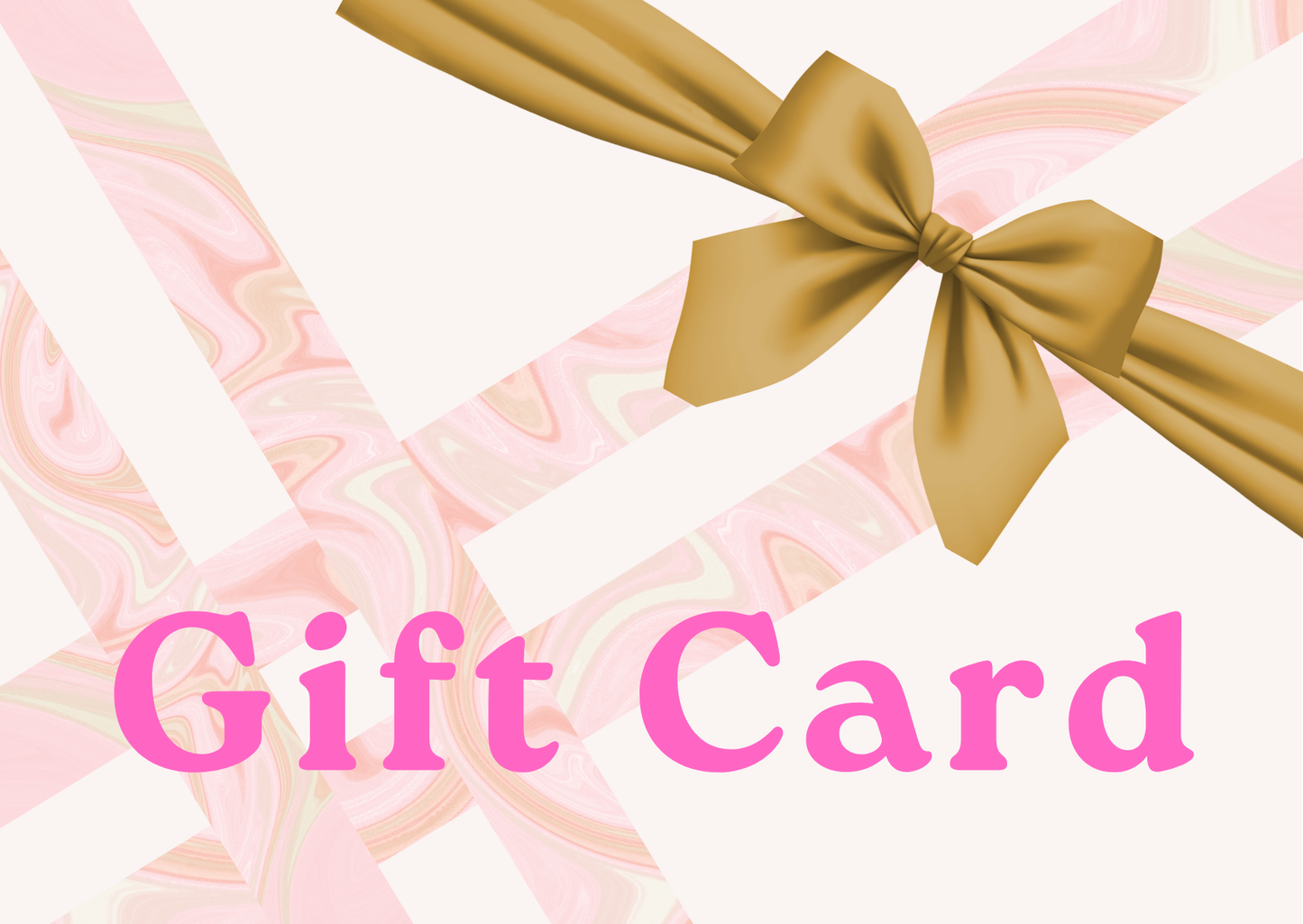 Gift card with pink text, gold bow, and abstract pink design
