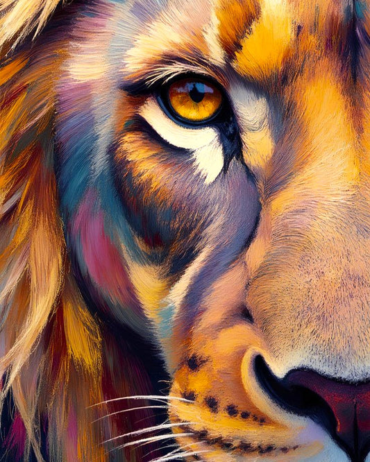 Close-up of a lion's face with a colorful, abstract style.