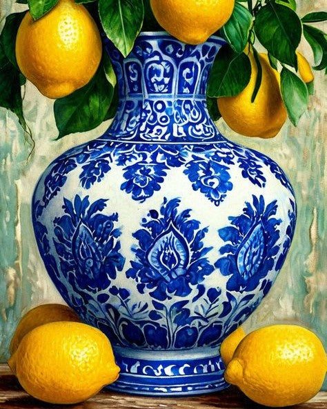 Blue and white floral-patterned vase with lemons and green leaves