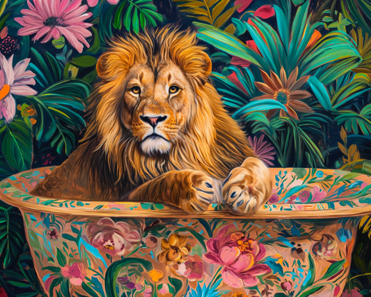 A colorful painting of a lion resting in a floral bathtub surrounded by lush tropical foliage.