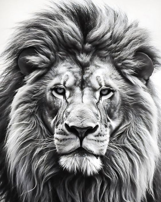 Black and white illustration of a lion's face