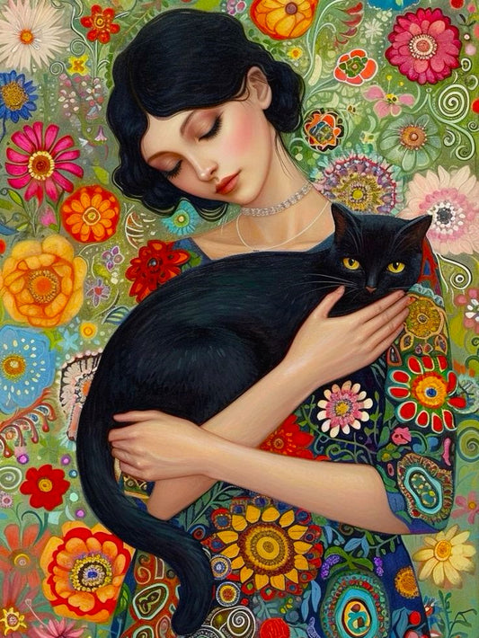 Woman holding a black cat against a colorful floral background