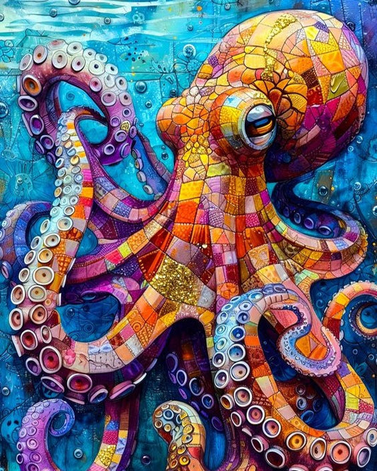 Colorful mosaic octopus artwork on a blue background