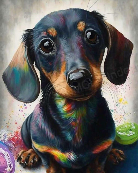 Colorful painting of a dachshund with a abstract background
