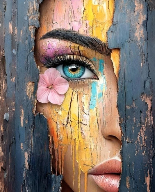 Artistic depiction of a face with a flower on the cheek, framed by peeling paint.