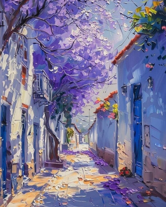 Colorful street scene with purple flowers and blue buildings