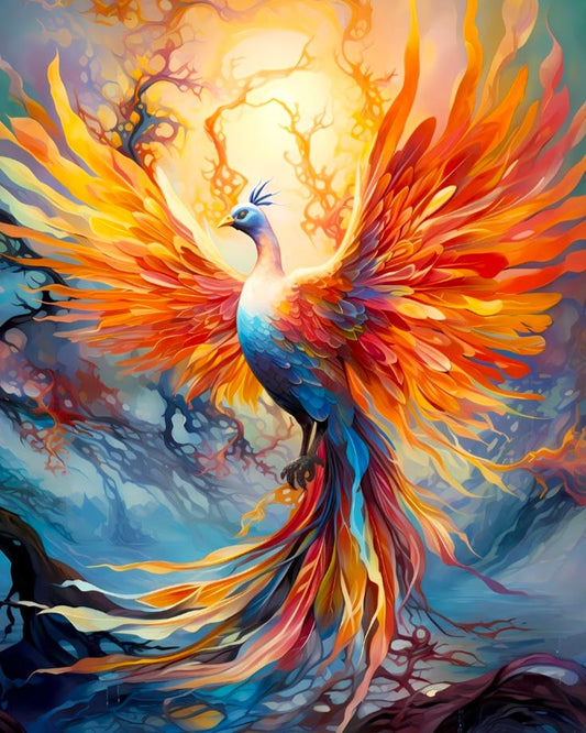 Phoenix Rising paint by number kit — dramatic effect of a mythical phoenix in flight with fiery amber, orange and crimson feathers against a misty blue-grey sky