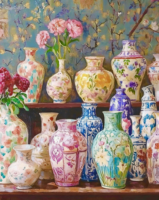 Collection of colorful floral-patterned vases on a wooden shelf against a decorative wall.