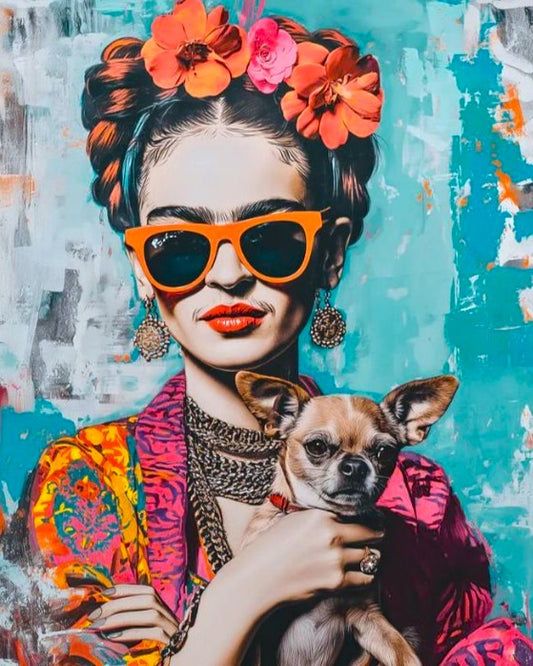 Pop Art Frida paint by number kit — bold pop art portrait of a Frida Kahlo-inspired woman with orange sunglasses, orange and pink flower crown, red lips, gold chain necklace, floral kimono and chihuahua against a teal distressed background