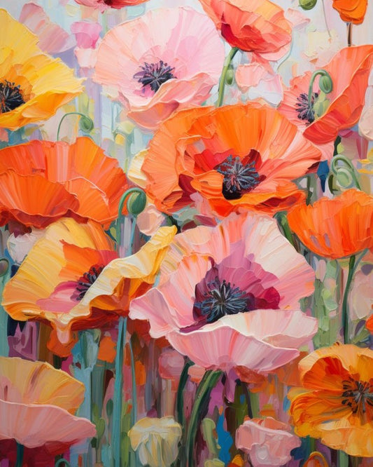 Colorful painting of poppies with vibrant orange, pink, and yellow flowers.