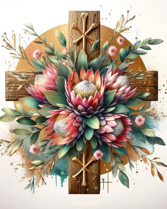 Decorative design with flowers, leaves, and a cross on a white background